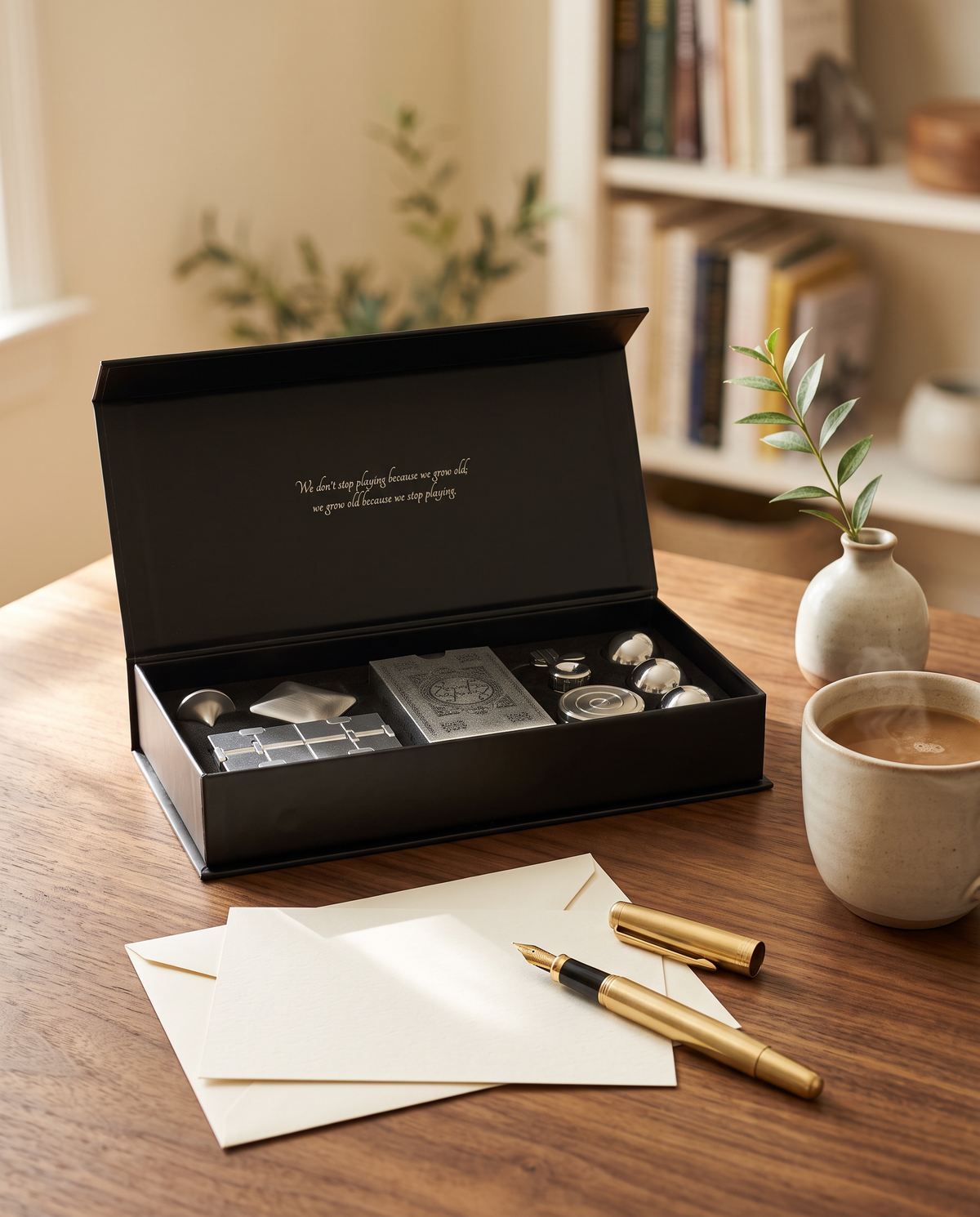 The Executive Fidget Set on a walnut desk beside a blank note card and fountain pen