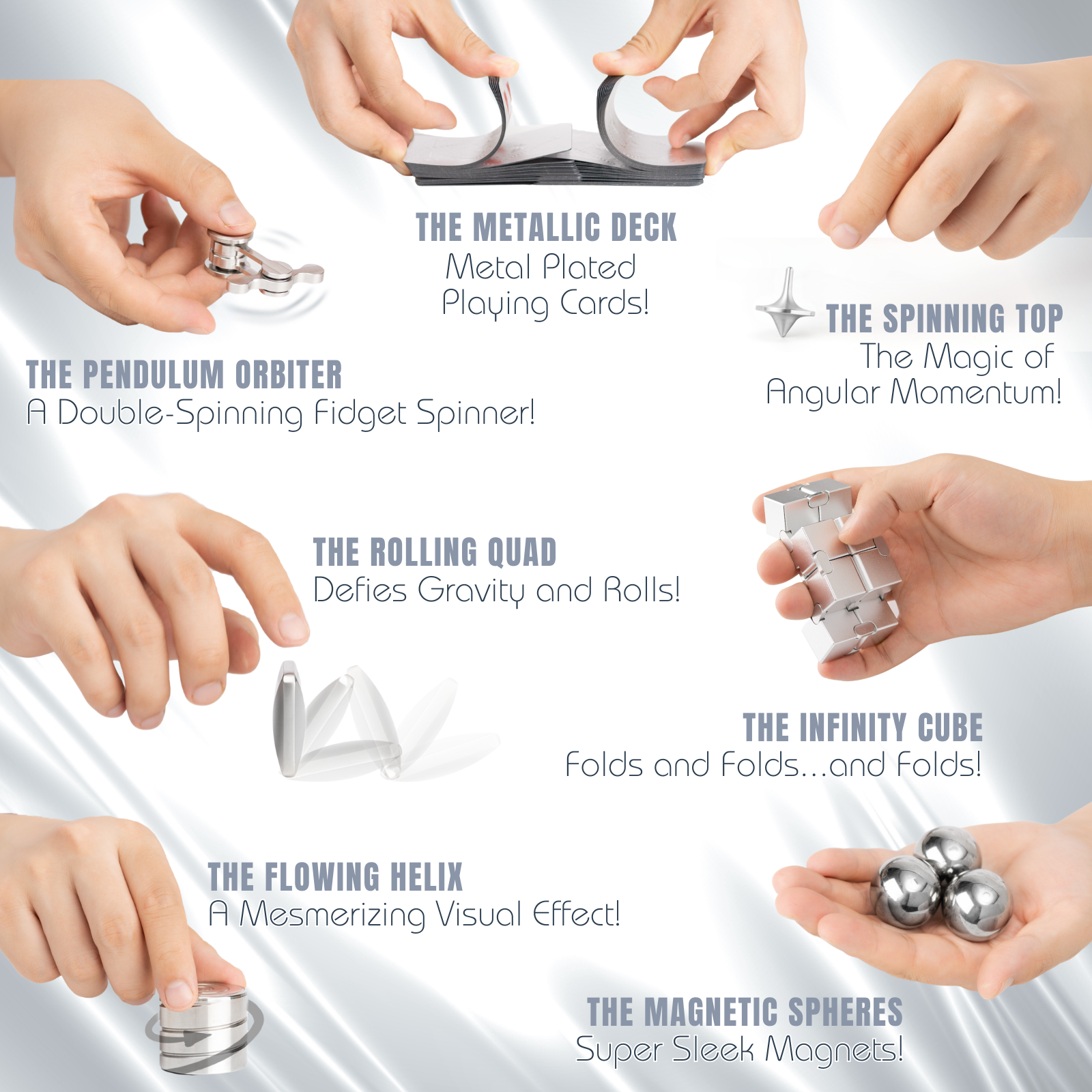 Promotional image of various metal fidget toys with hands interacting with them on a white background.