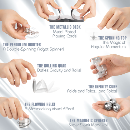 Promotional image of various metal fidget toys with hands interacting with them on a white background.