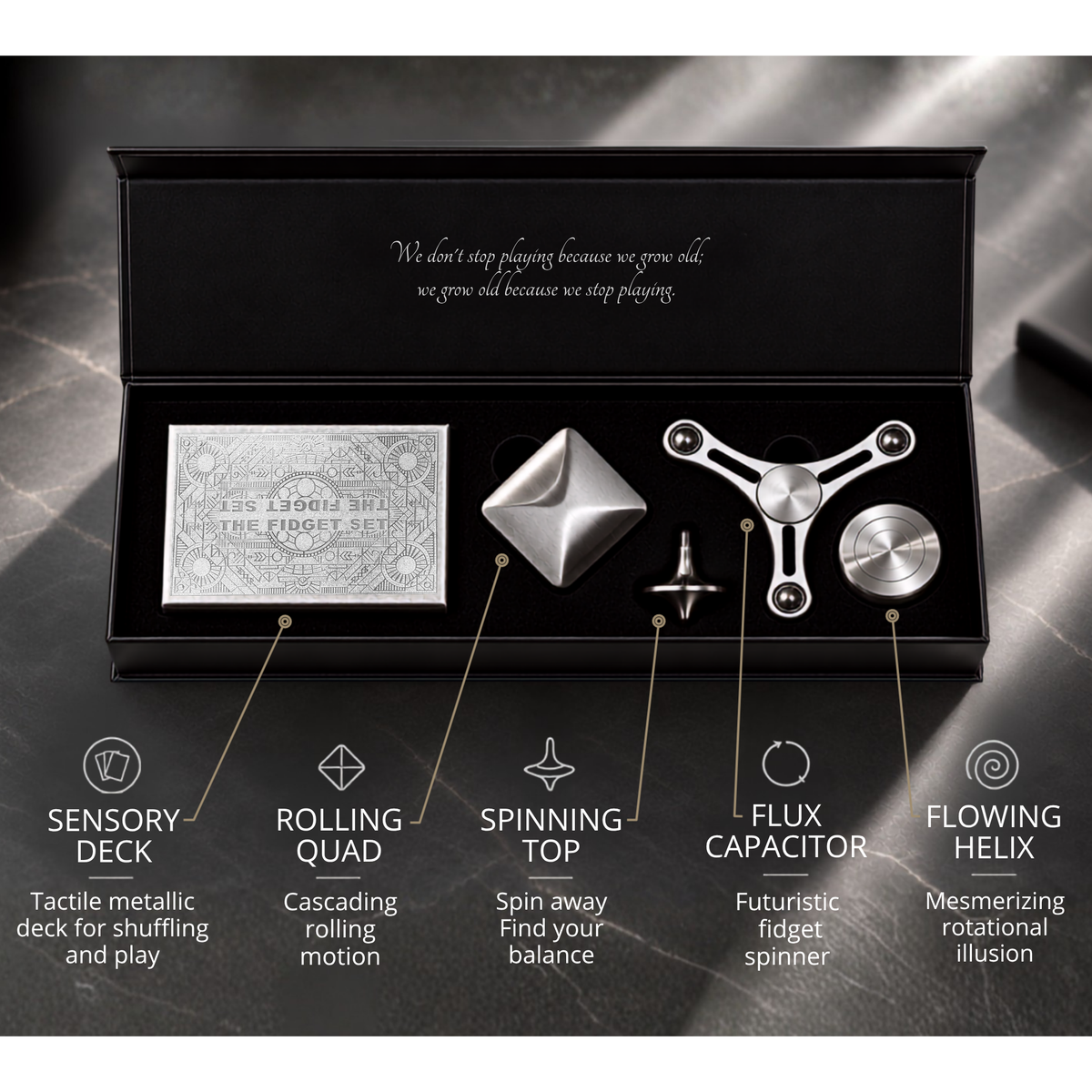 Classic Fidget Set contents: Sensory Deck playing cards, Rolling Quad, Spinning Top, Flux Capacitor spinner and Flowing Helix