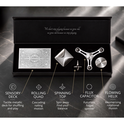 Classic Fidget Set contents: Sensory Deck playing cards, Rolling Quad, Spinning Top, Flux Capacitor spinner and Flowing Helix