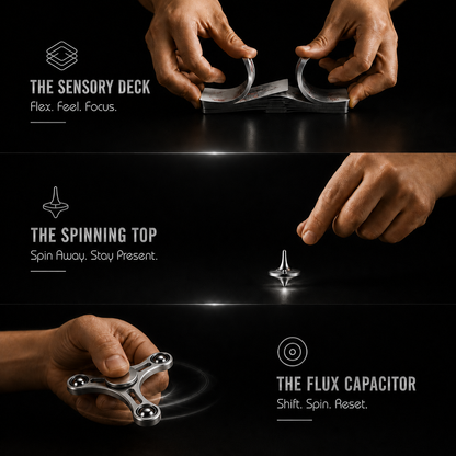 Hands shuffling the Sensory Deck cards, launching the spinning top and spinning the Flux Capacitor fidget spinner