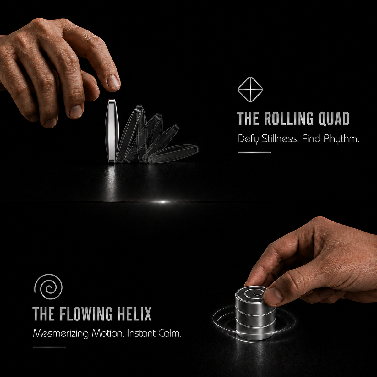 Metal Rolling Quad cascading across a desk and a hand spinning the Flowing Helix desk toy