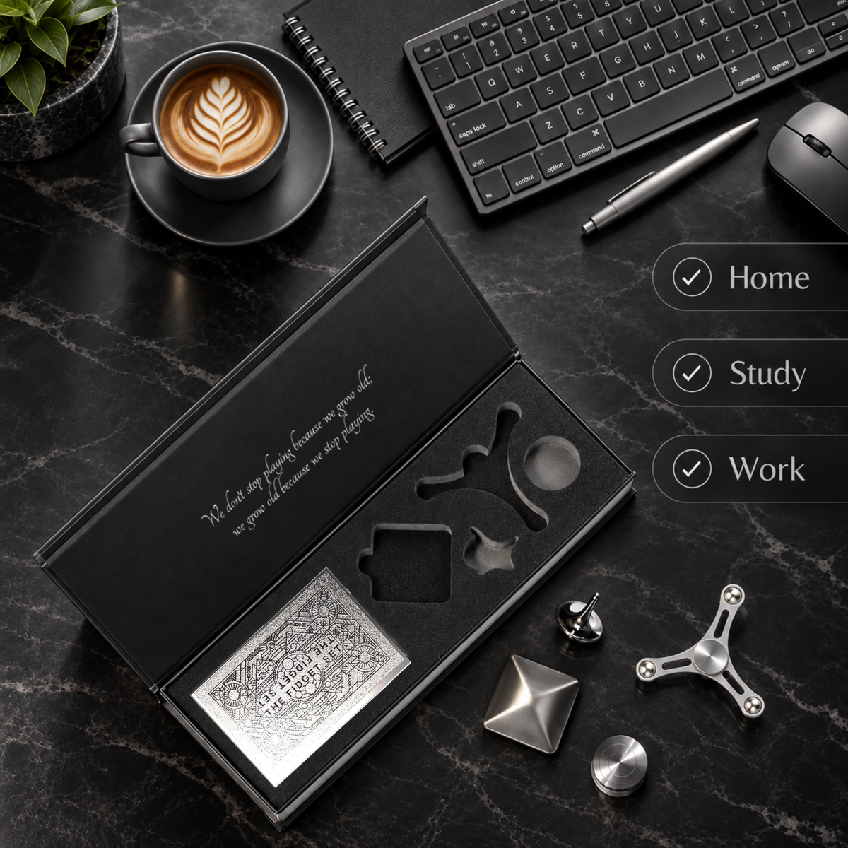 The Classic Fidget Set laid out on a marble desk beside a coffee, keyboard and pen — for home, study or work