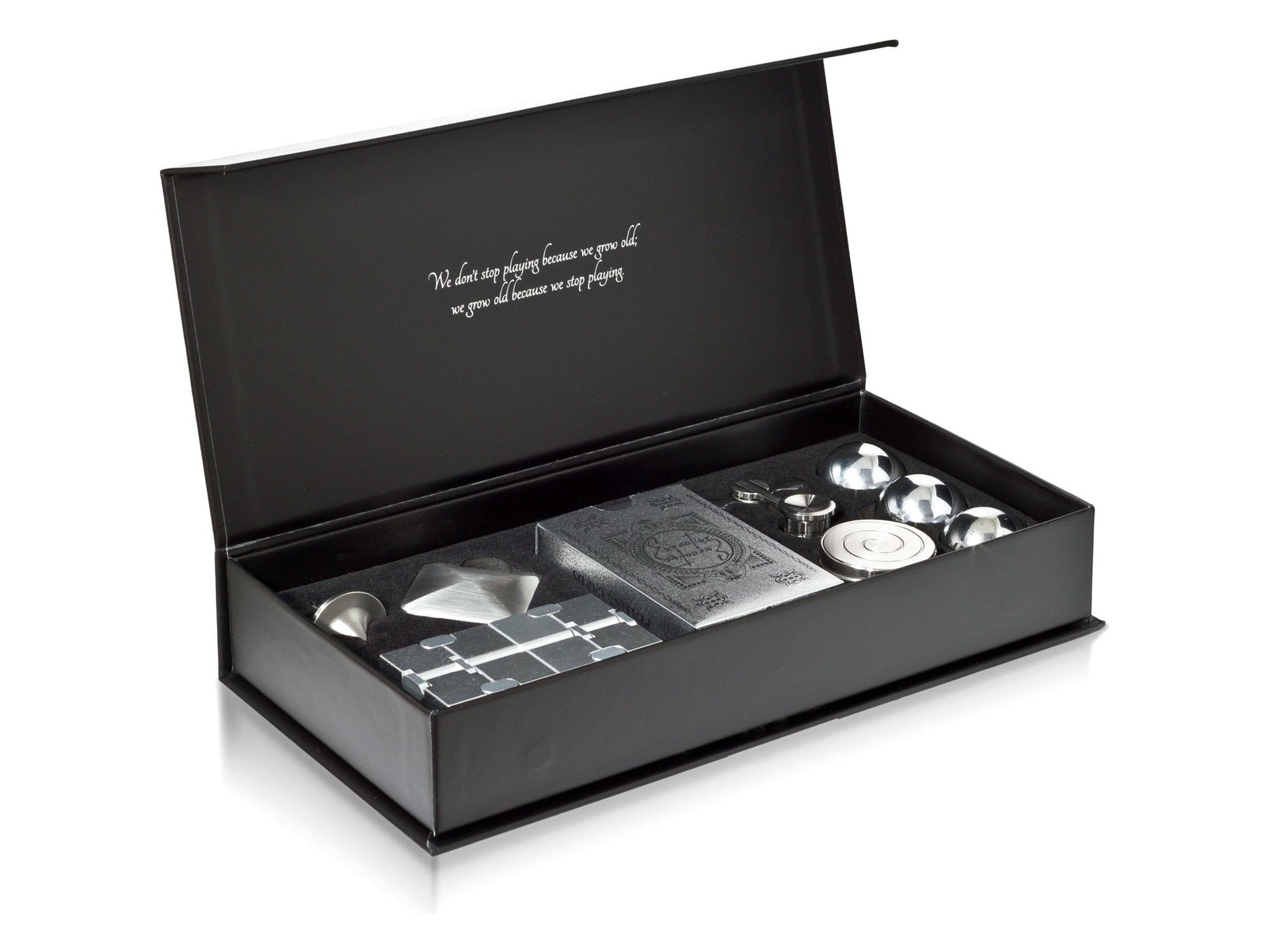 The Executive Fidget Set — the gift box opens to reveal all 7 precision metal desk fidgets