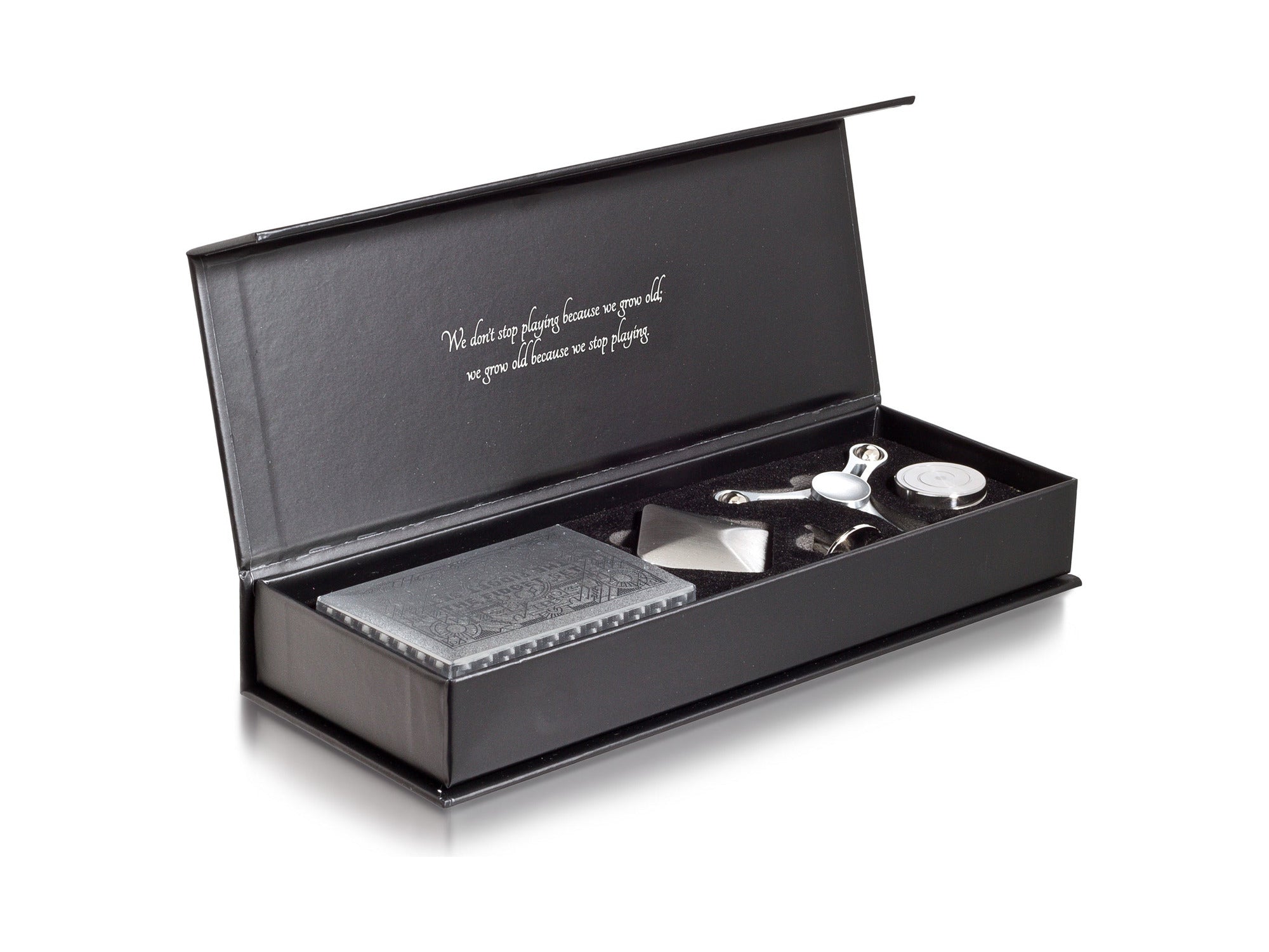 The Classic Fidget Set — the gift box opens to reveal all 5 metal fidget pieces